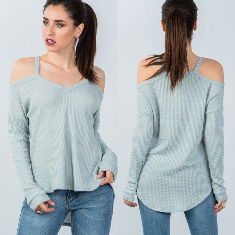 💙Cement Gray Long Sleeved Waffle Top